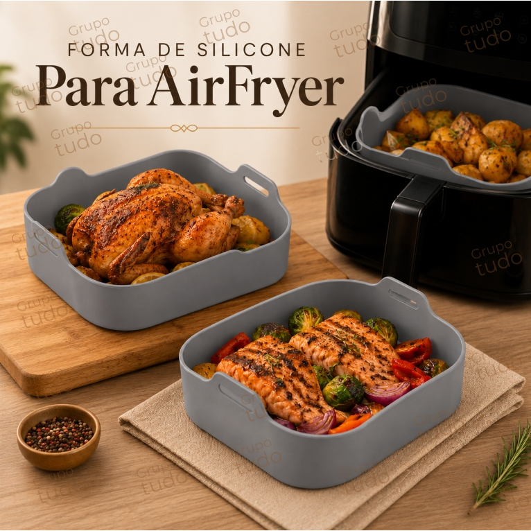 Forma de Silicone Para AirFryer Cozimento Quadrada Air Fry Cesto Fritadeira Elétrica 20,5x20,5x7cm