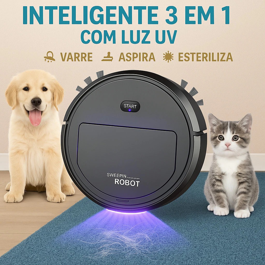 Robô Aspirador Inteligente 3 em 1 p/ Casa com Pets 110v