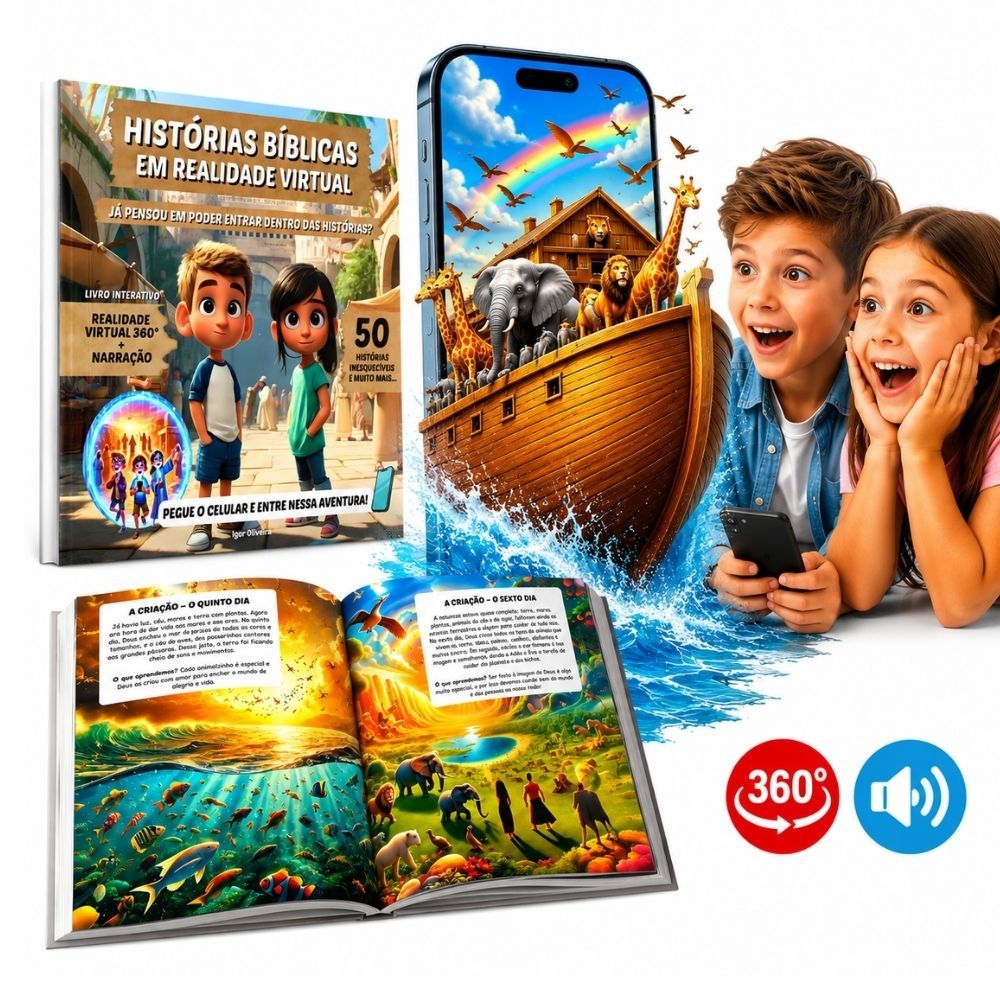 Bíblia Infantil em Realidade Virtual 360° | Livro Bíblico Infantil 50 Histórias da Bíblia Narradas Interativo Presente