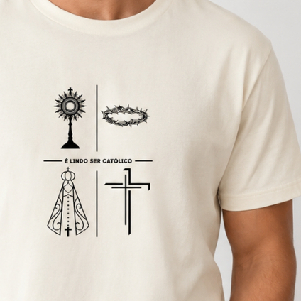 Camiseta Católica Estampada Religiosa É Lindo Ser Católico Adulto e Infantil Conjunto para Família Algodão Hallel