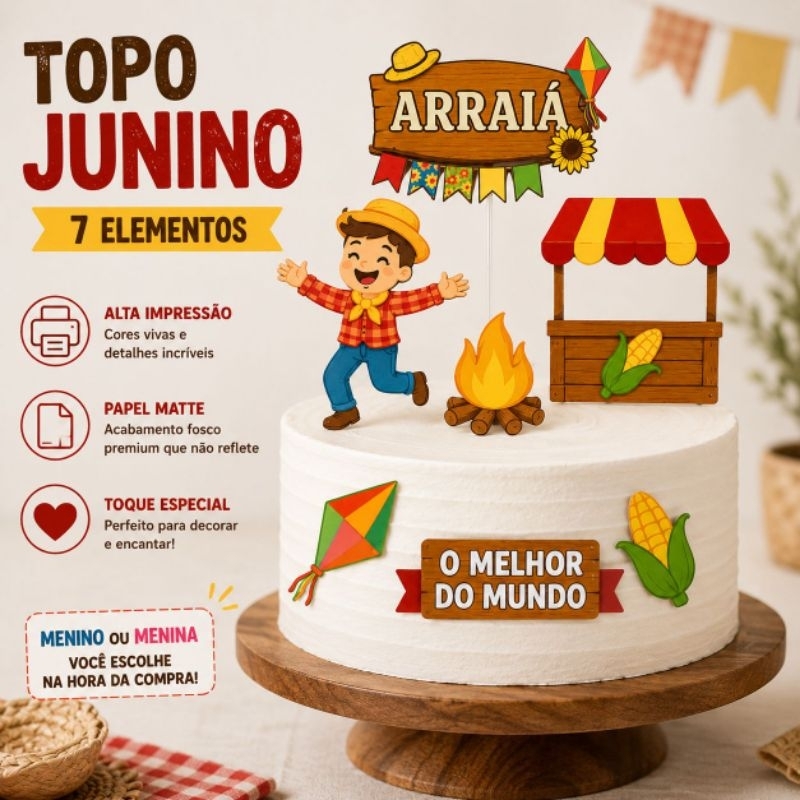 ENVIO IMEDIATO - Topo de bolo arraiá festa junina - Topper junino - Decoração de bolo junino