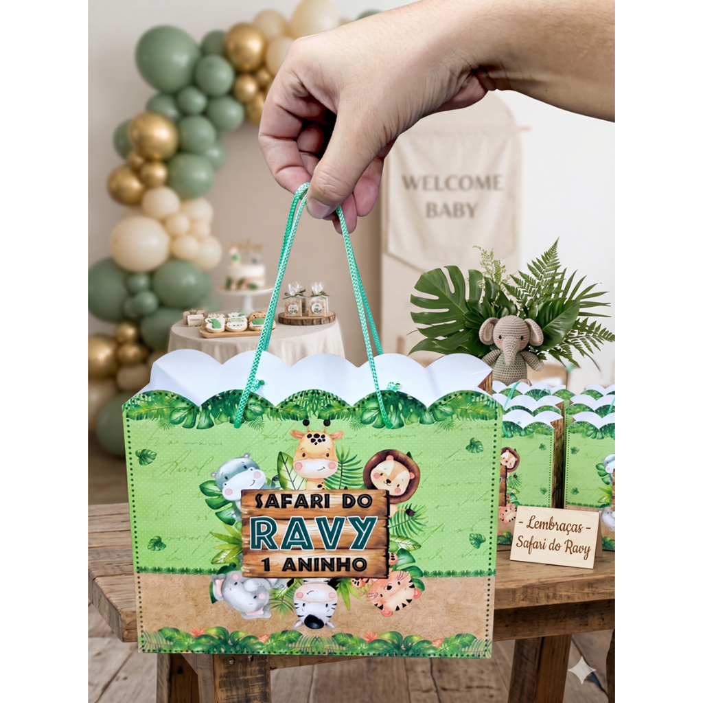 Sacolinhas Personalizadas Lembrancinhas Safari Verde Festa Chá Fralda Aniversário Nuvem Tamanho Grande (20x16x06)