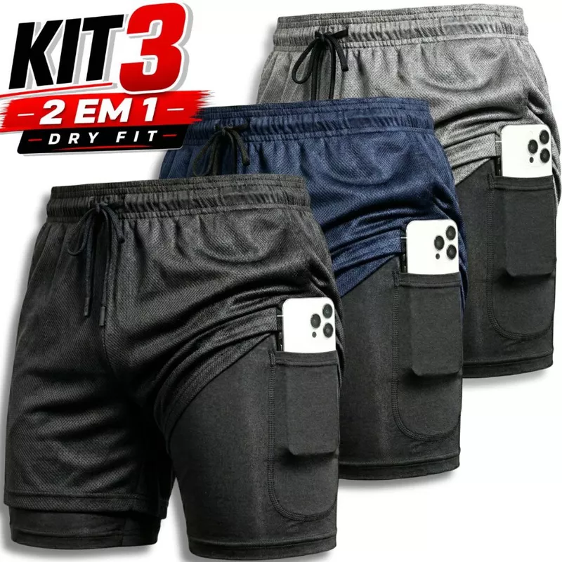 Kit 3 Shorts 2 em 1 Dryfit Masculino Academia Corrida Treino Bermuda comprime Seca Rápida Confortável Fitnes