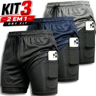 Kit 3 Shorts 2 em 1 Dryfit Masculino Academia Corrida Treino Bermuda comprime Seca Rápida…