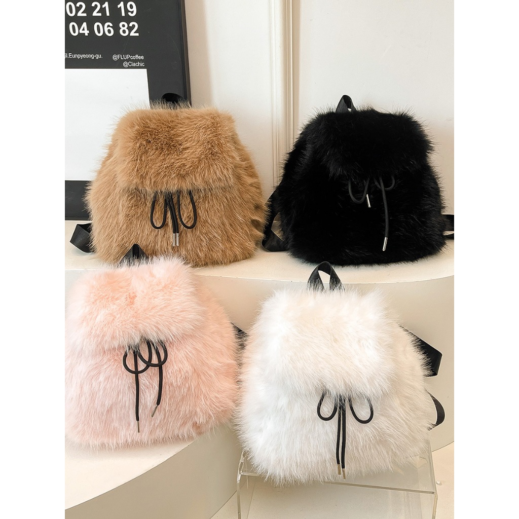 Mochila de Pelúcia Inverno Estilo Coreano Bolsa Balde com Cordão de Couro Sintético Fofa para Meninas