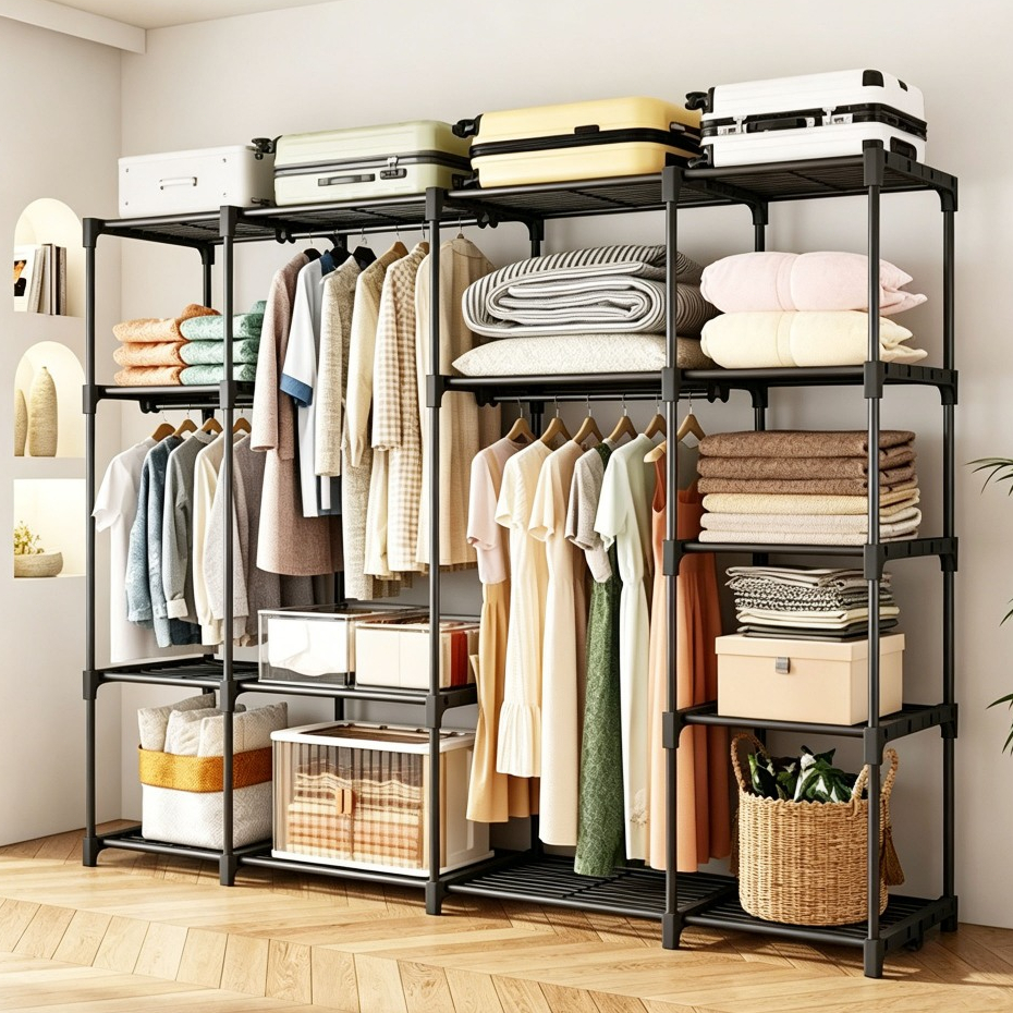 Arara De Roupa Cabideiro De Chão Sapateira Rack Organizador Multiuso Aço Inox