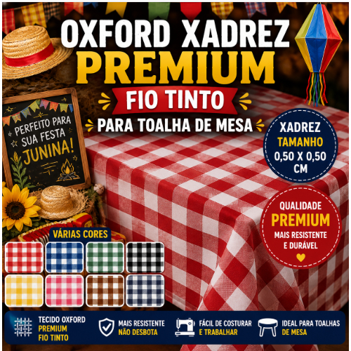 Tecido para Toalha de Mesa Oxford xadrez  Preium FIo Tinto 0,50 x 0,50 cm Largura 1,50 cm