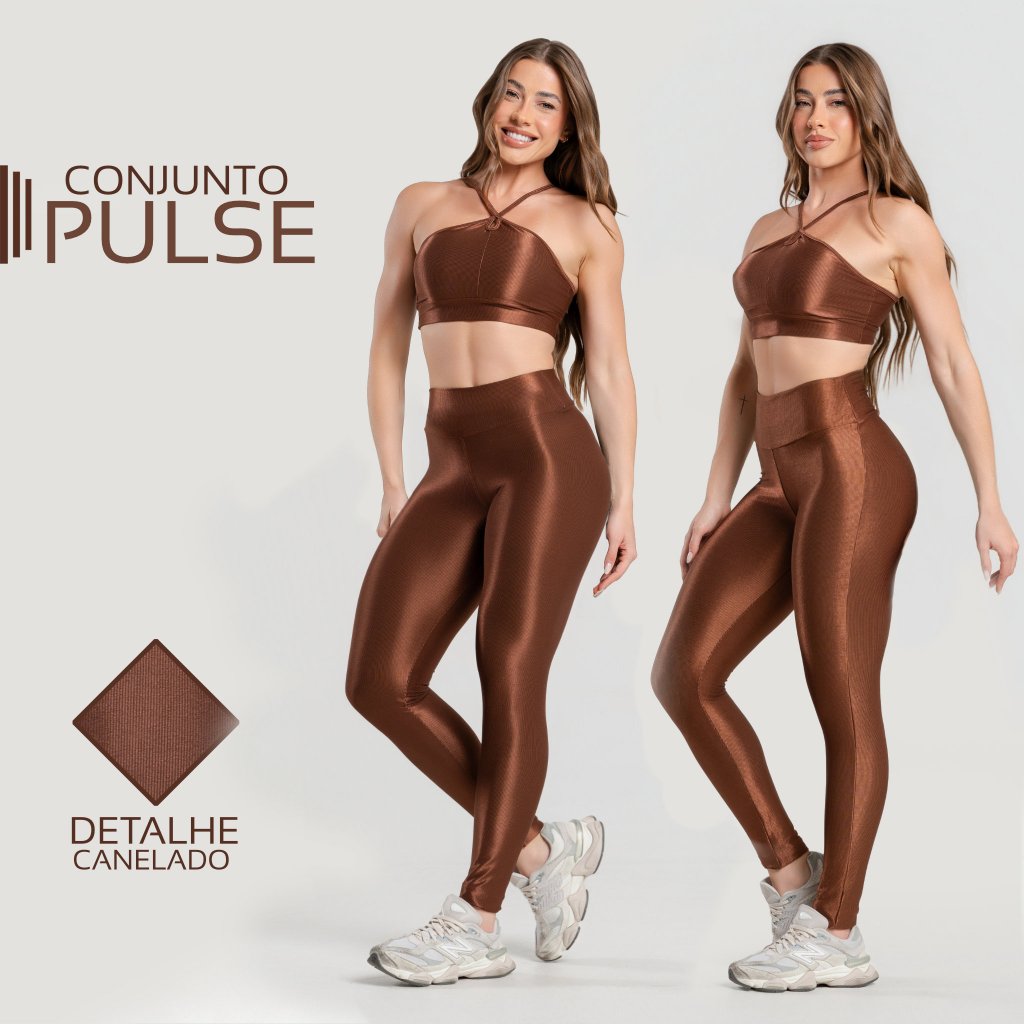 Conjunto Pulse Fitness Feminino Trilobal Canelado Brilhoso – Top+Legging Cós Alt