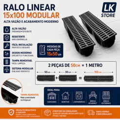 Ralo Linear 15x100 Modular Grelha Alumínio Coletor 2 PEÇAS DE 50 cm