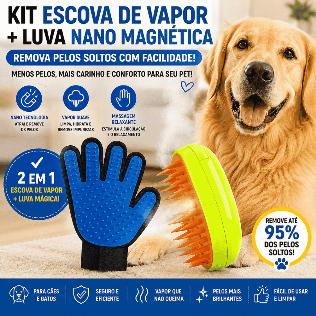 Kit Escova Elétrica a Vapor + Luva Tira Pelos Pet Para Cães e Gatos