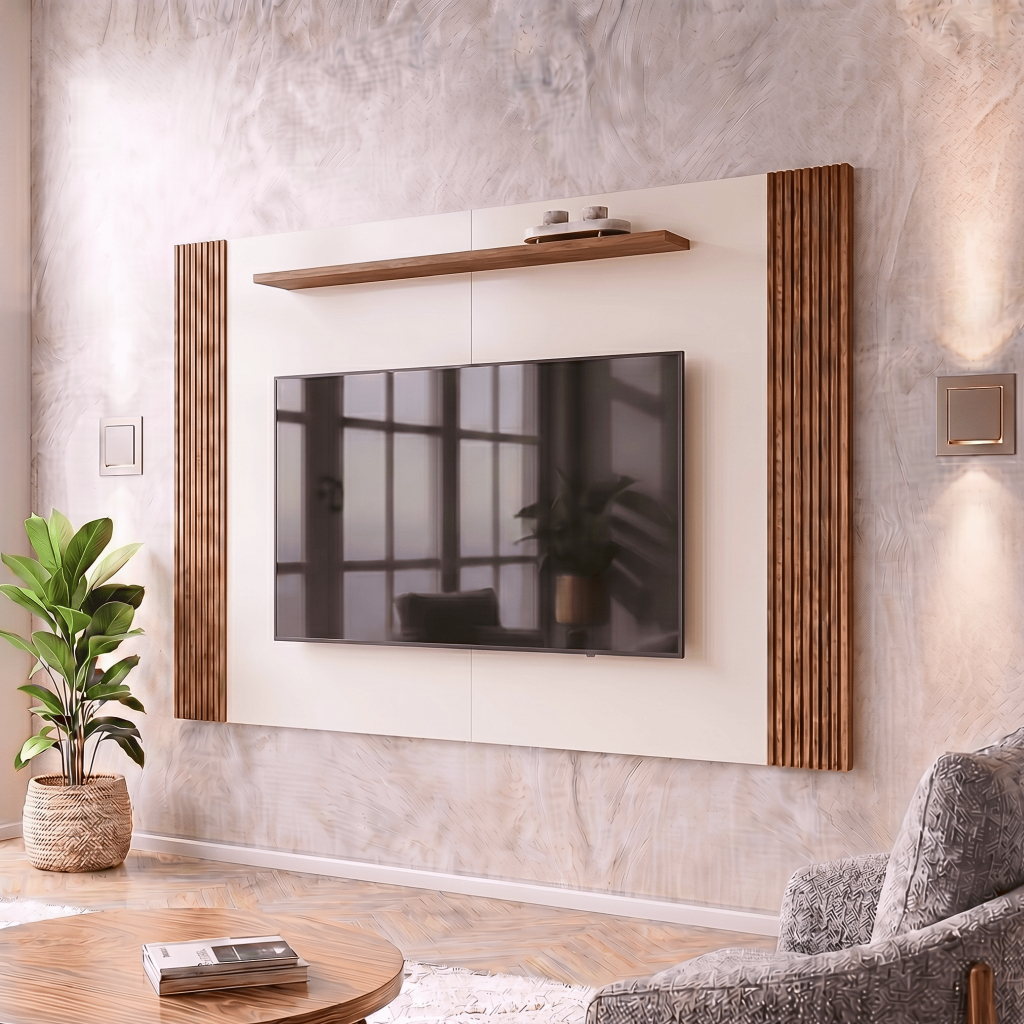 Painel Home Theater Suspenso Ripado Canelado Branco 70 Pol Prateleira e Suporte TV - Blue Moby