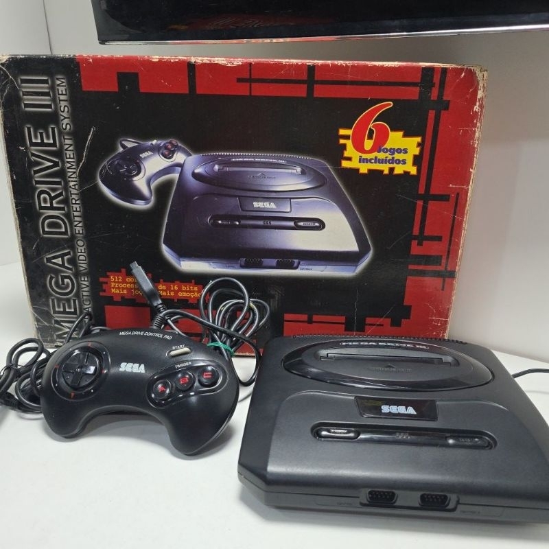 Mega Drive 3 na caixa Original Tec Toy (1998) acompanha cartucho 6 pack