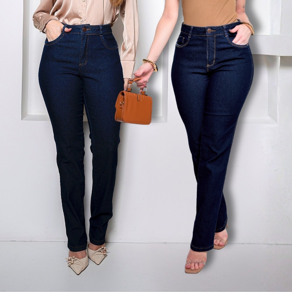 Calça Jeans Reta Feminina Cintura Alta Barra Folgada Slim Elegante Corte Reto Com Elastano
