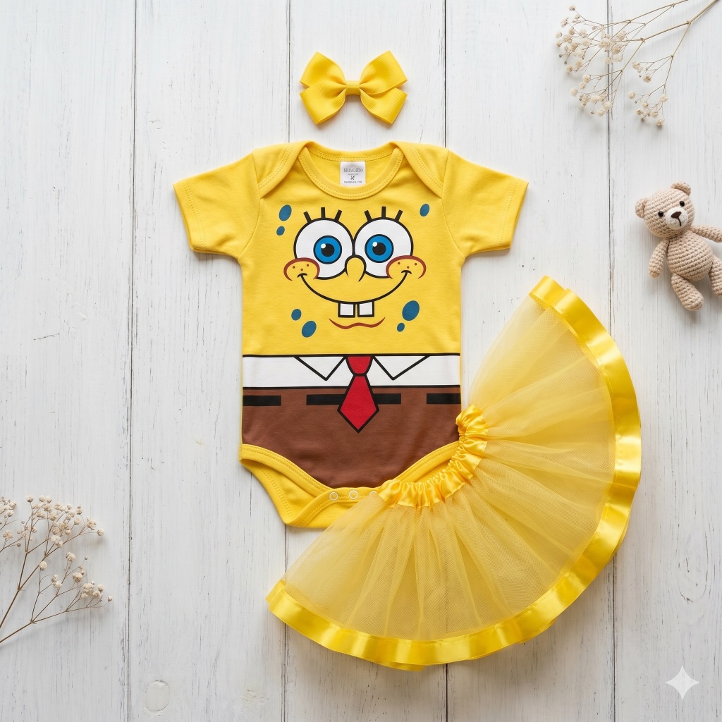 Body Bebê Bob Esponja Menina com Saia Tutu e Laço Roupa Infantil Mesversário