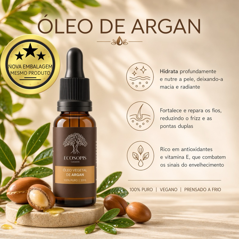 Óleo  de Argan Vegetal 100% Puro - 20ML