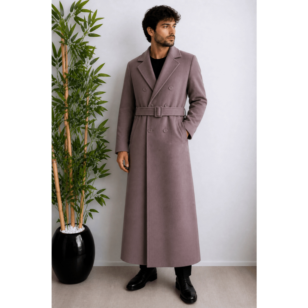 sobretudo masculino inglês trench coat em lã pura alongado bege com cinto