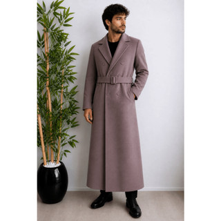 sobretudo masculino inglês trench coat em lã pura alongado bege com cinto