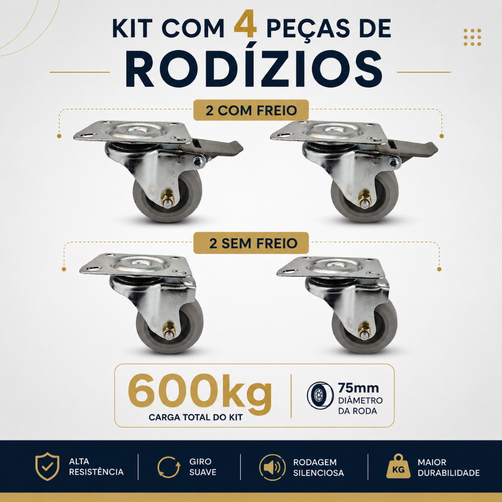 Rodizio Giratório 75mm Reforçado kit 4 Peças - Chapa Para Fixação- 600kg Industrial/ Residencial