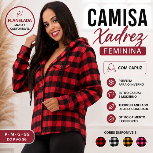 Camisa Xadrez Feminina Flanelada Com Capuz Inverno Moda Feminina