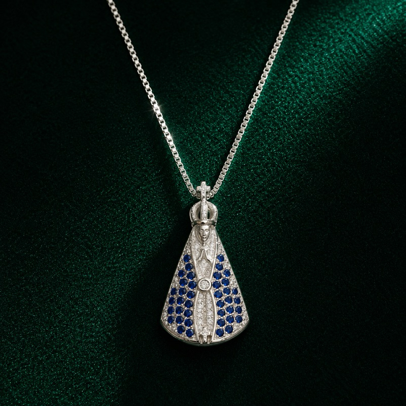 Gargantilha Prata 925 Nossa Senhora Azul Cravejada Elegante