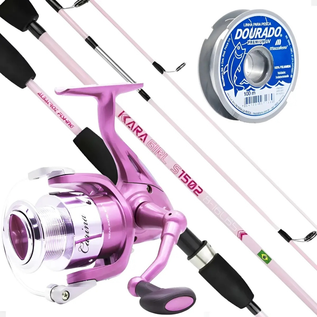 Kit Pesca Rosa Molinete Maruri 4000 3 Rolamentos Vara 16lb Linha Dourado Conjunto Completo Feminino