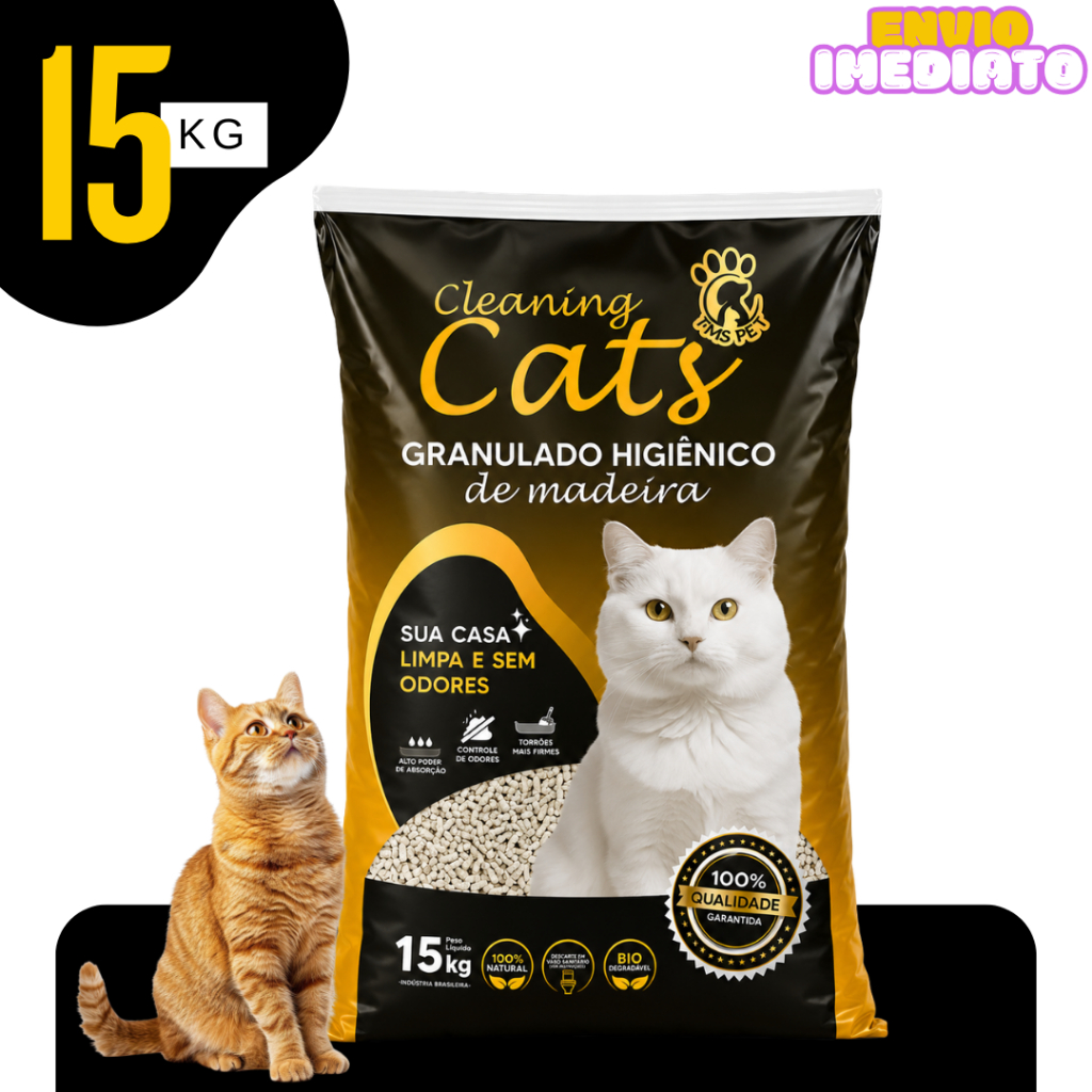 Areia de gato Granulado de Madeira Premium para Gatos e Roedores 15kg - Envio Imediato