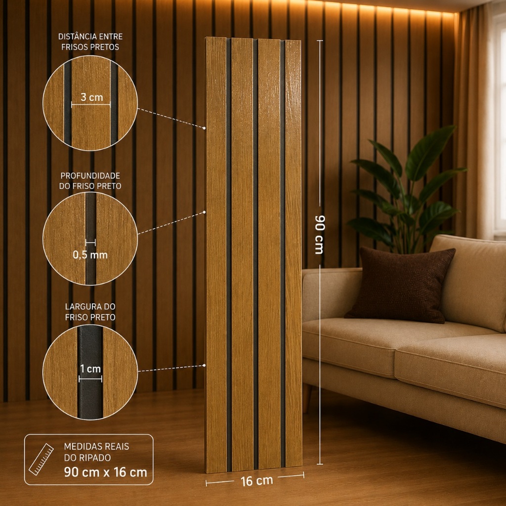 Kit com até 80 Placas Adesivas Painel Madeira Ripada Mdf Montável Premium 90x16cm