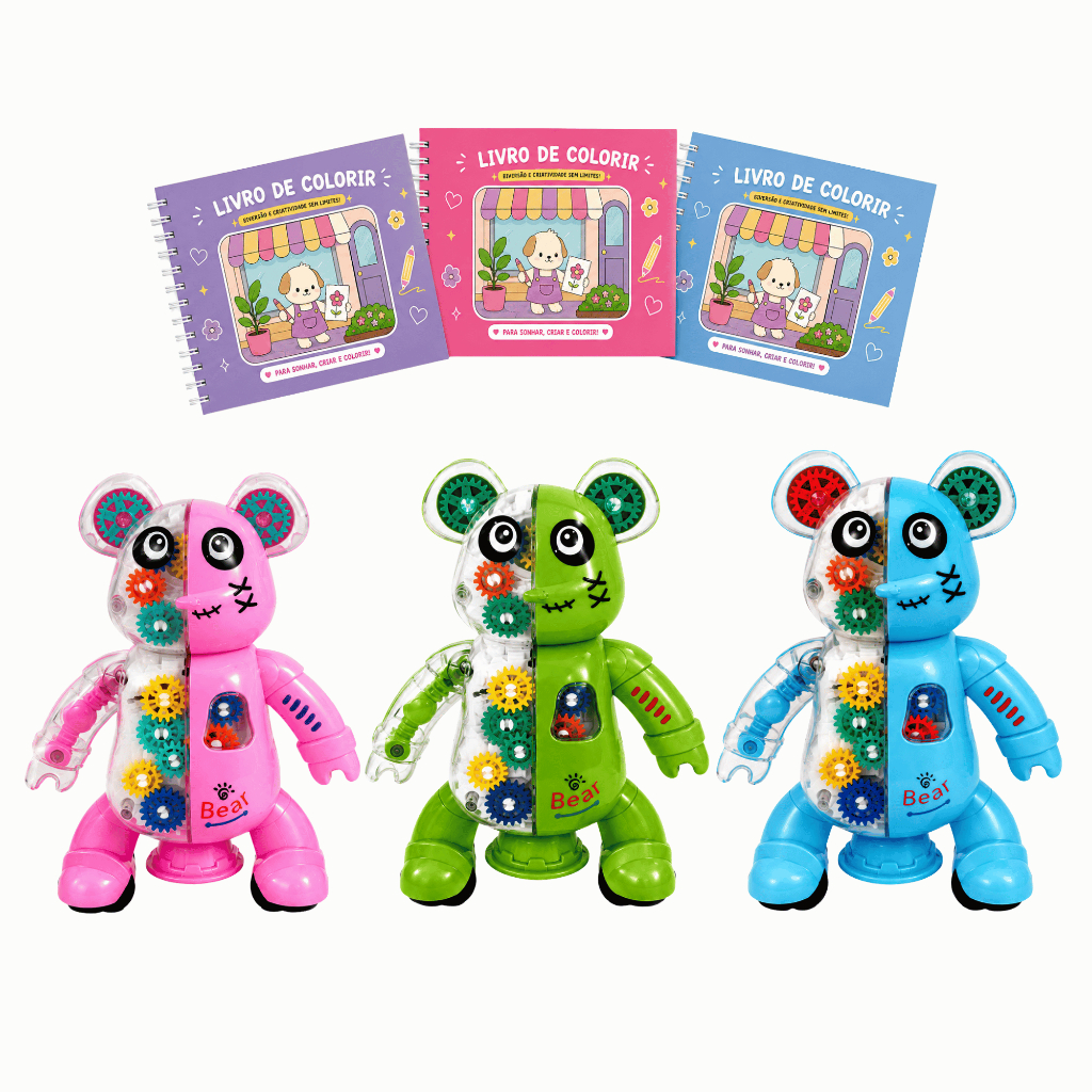 Kit Urso Dançante Com Luz Música E Livro De Colorir Infantil Brinquedo Educativo