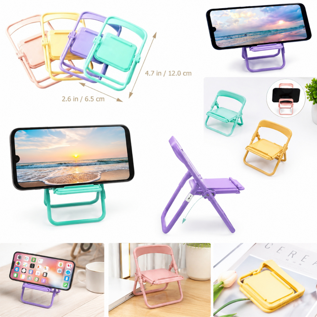 Kit Suporte Celular e Tablet Dobrável e Ajustável Mini Cadeira Portátil Universal - Multifuncional