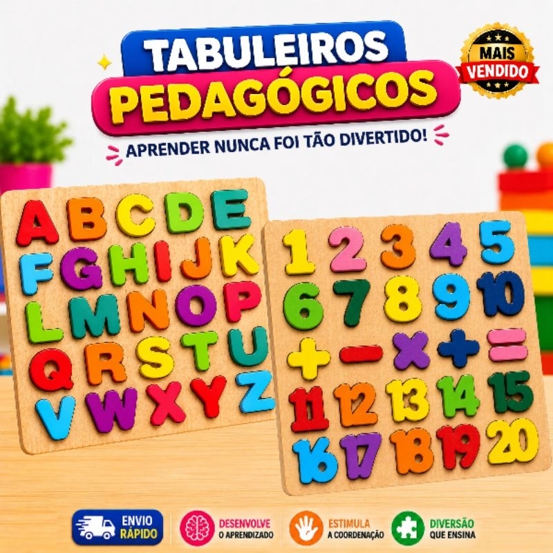 Kit 1-3 Tabuleiros Quebra Cabeça Educativo Pedagógico Montessori Alfabeto Matemática Números Encaixe Formas Geométricas