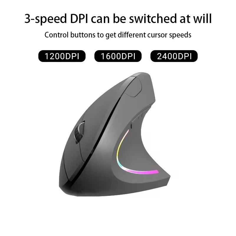 Mouse vertical sem fio 2.4G recarregável ergonômico vertical mouse 3 níveis de DPI ajustáveis ​​RGB
