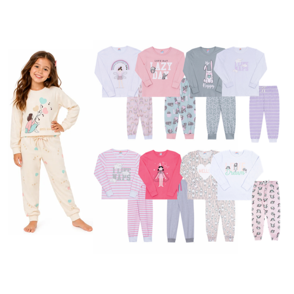 Kit 2 conjuntos Pijamas Infantil Menina 100% Algodão Conforto e Estilo Caramell Kids Estampa Variada