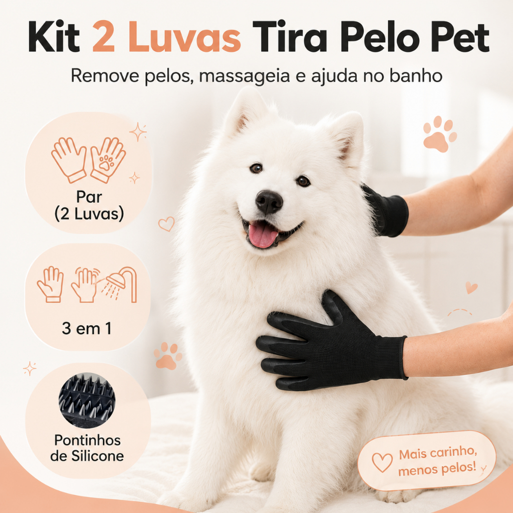 Luva Tira Pelo Pet Escova Removedora de Pelos Cães e Gatos Massagem Banho Par Ajustável Nano