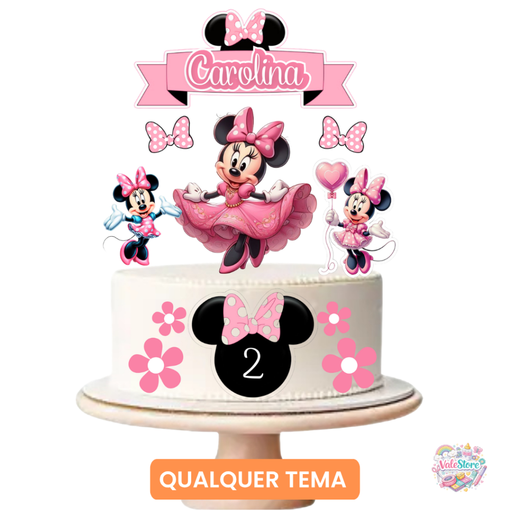 Topo De Bolo Minnie Rosa Personalizado Nome Idade Decoração Aniversário Festa Infantil Menina
