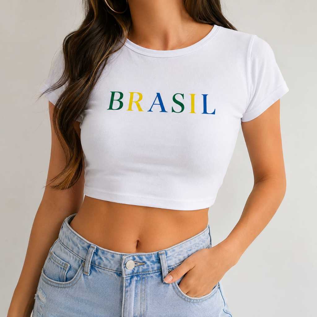 Blusa Cropped Feminina Brasil Estampa Moda Casual Fitness Top Curto Seleção Brasileira Copa do Mundo Conforto