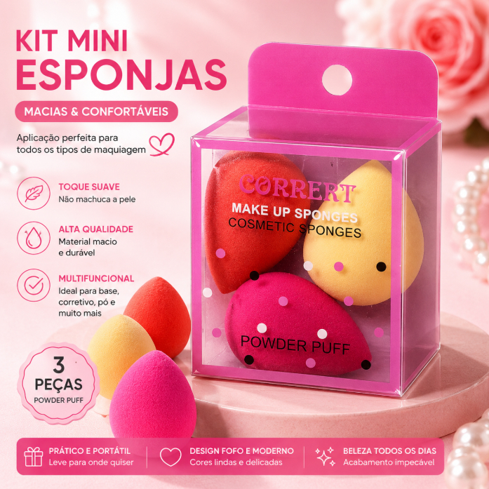 Kit 3 Mini Esponjas para Maquiagem