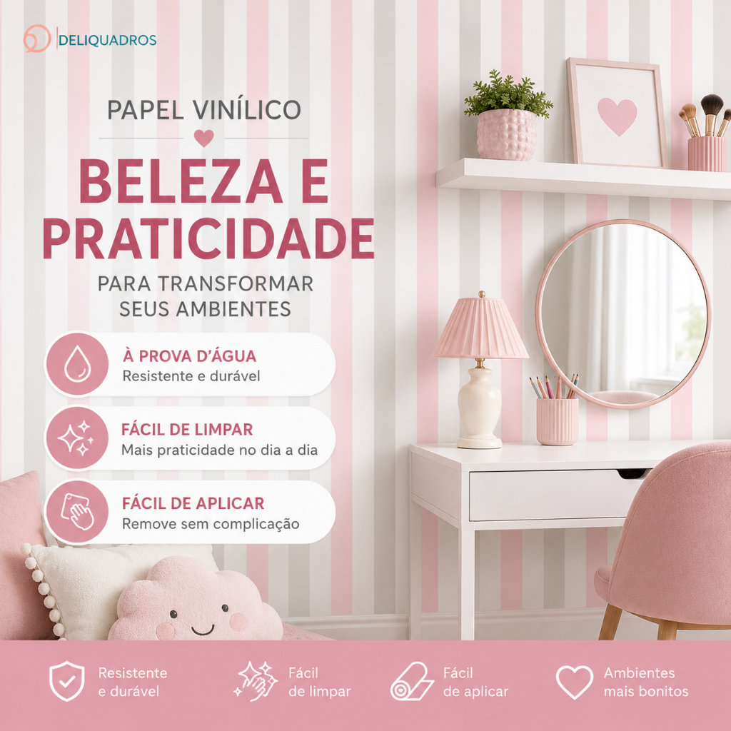 Papel de Parede Adesivo Listrado Rosa Branco Cinza Fácil Instalação 6 Metros