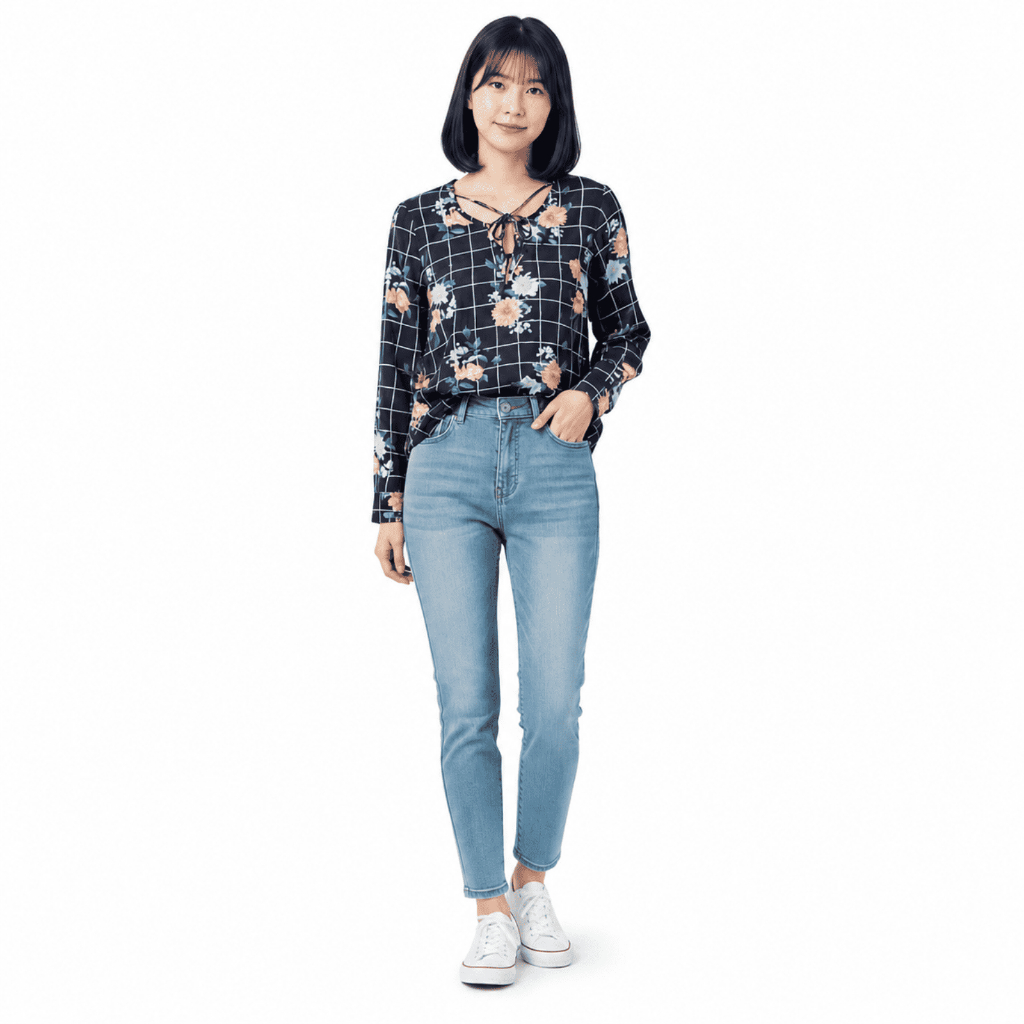 Blusa Feminina Malwee Tipo Bata Floral Manga Longa Viscose Azul Marinho Confortável
