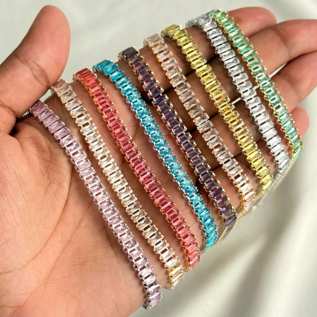 (Semi Joia) Colar Choker Riviera Baguete 5mm fecho relógio Presente Dia Namorados Ouro18k Prata925 Antialergico