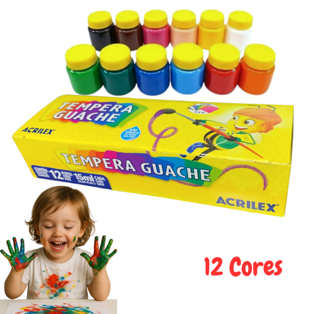 Tinta Tempera Guache Acrilex 12 Cores 15ml Original Material Escolar Não Tóxica Lavável Pintura