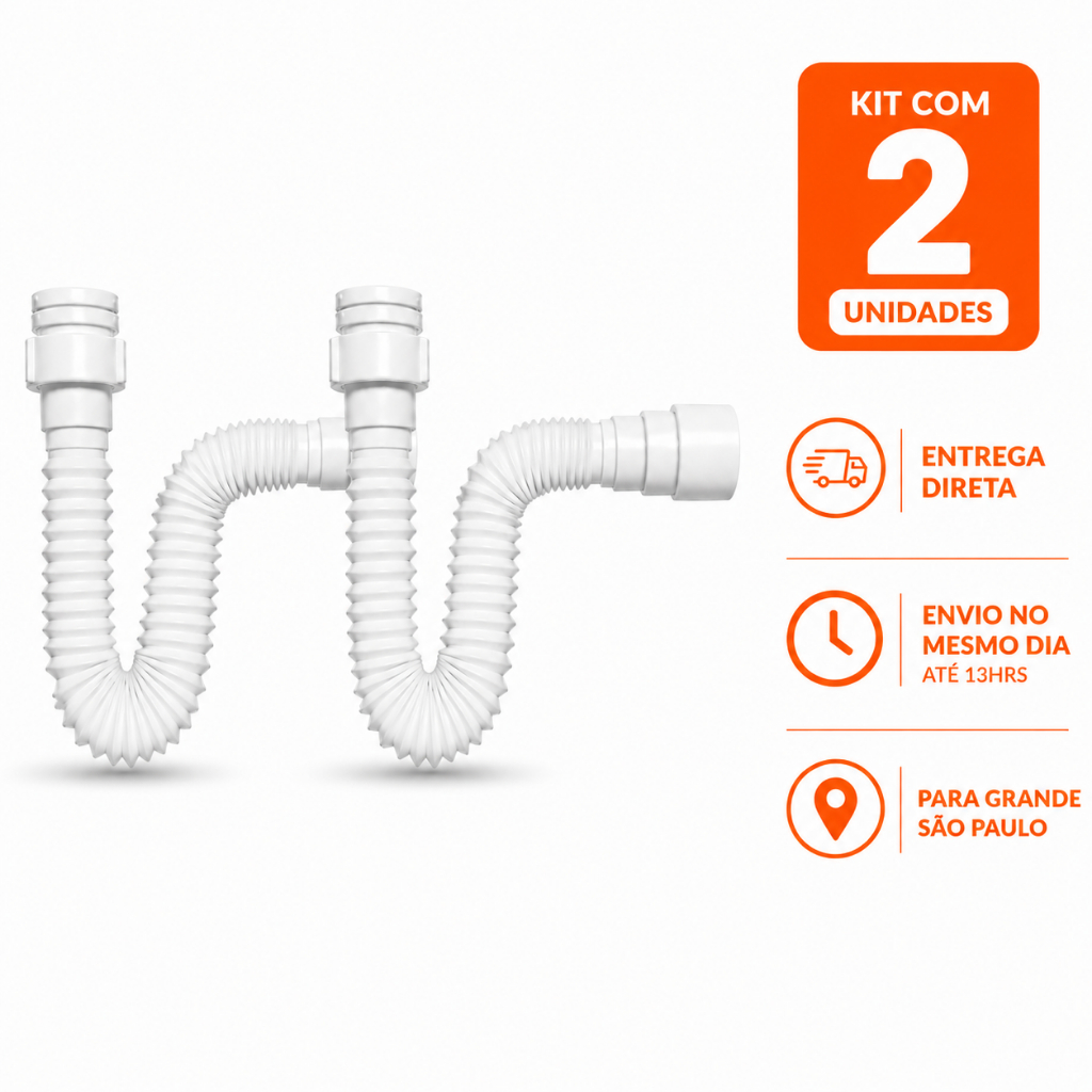 Sifão Flexível Universal Branco ABS Ajustável | Para Pia, Tanque e Lavatório | ENTREGA DIRETA | Kit 2 Unidades
