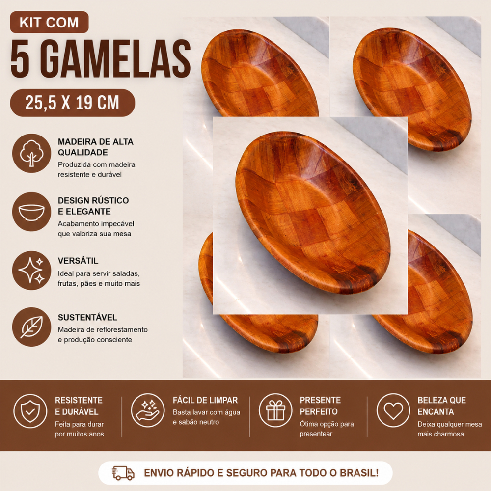 Tigelas Pote Gamelas Bolw Bambu Ovais Saladeiras kit com 5 unidades 25,5x19cm