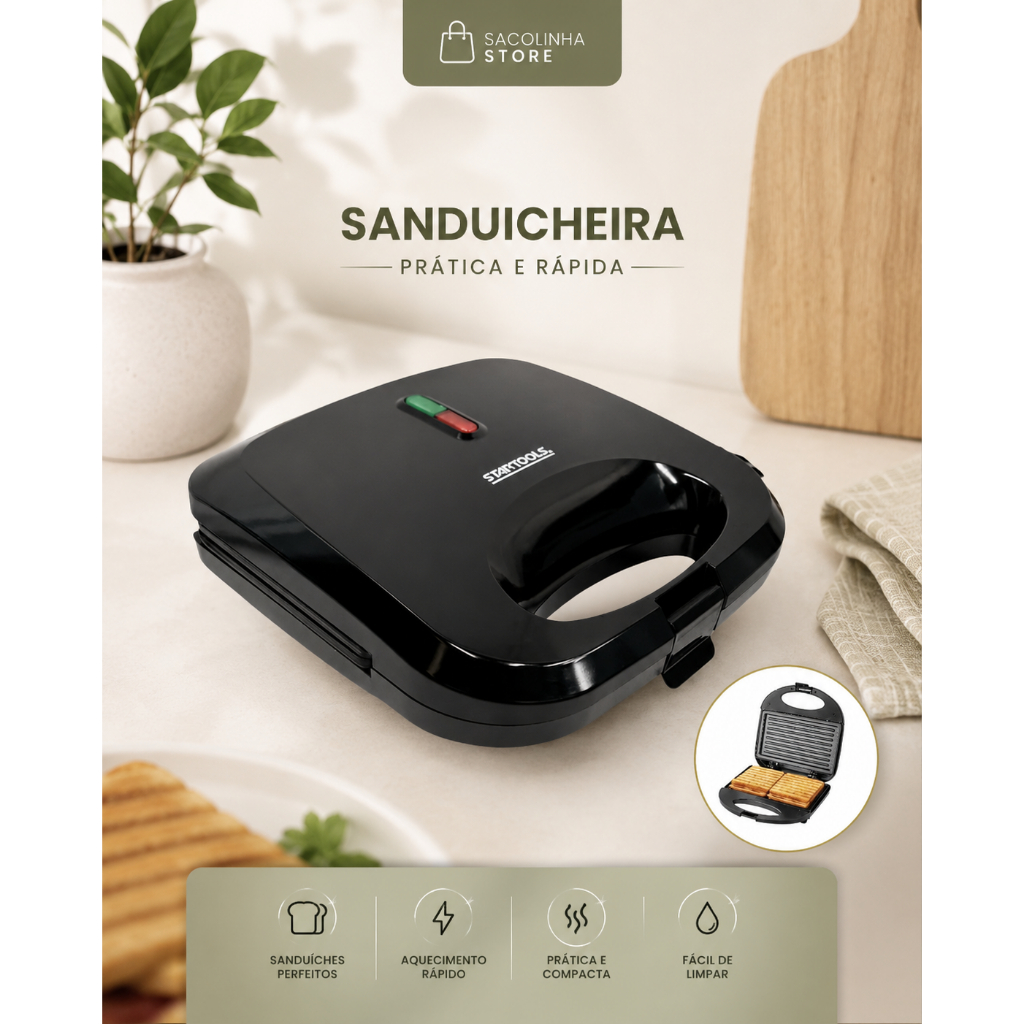 Sanduicheira Elétrica Grill Antiaderente 750W Compacta Preta Lanche Rápido Fácil Uso