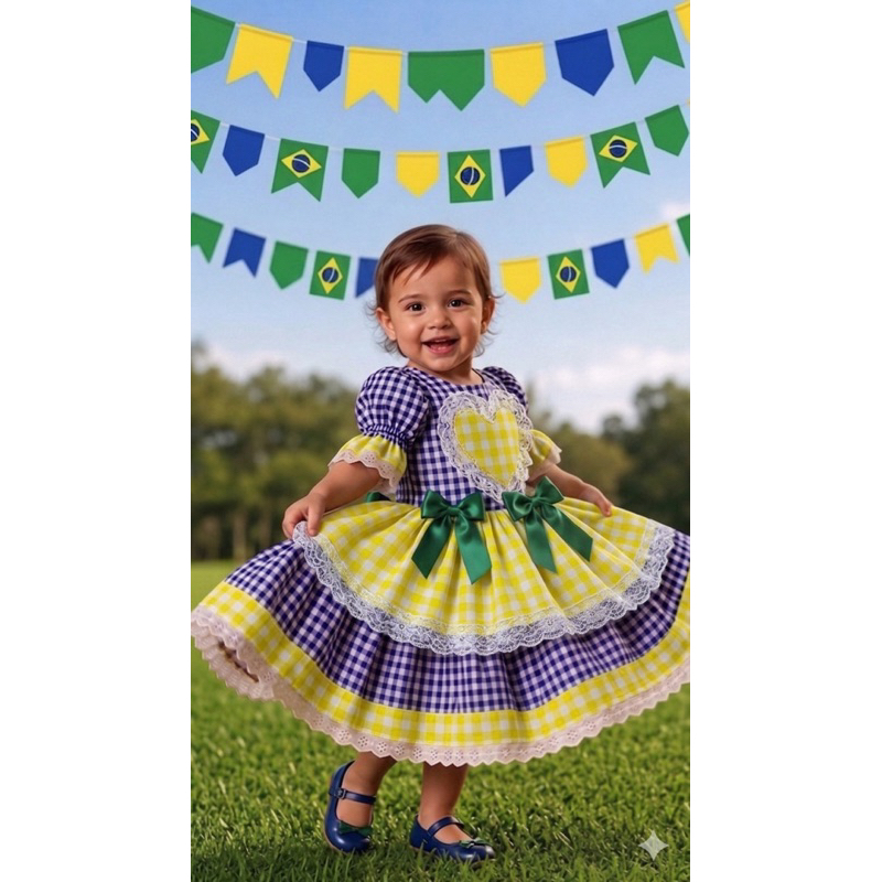 vestido infantil festa junina e caipira COPA do mundo luxo