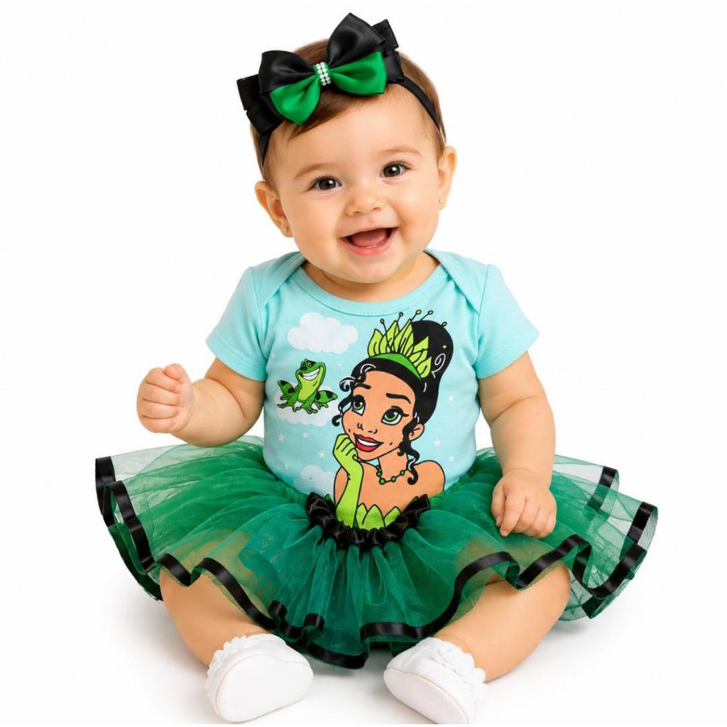 Body Bebê Princesa Tiana Disney Menina Roupa Infantil + saia + laço