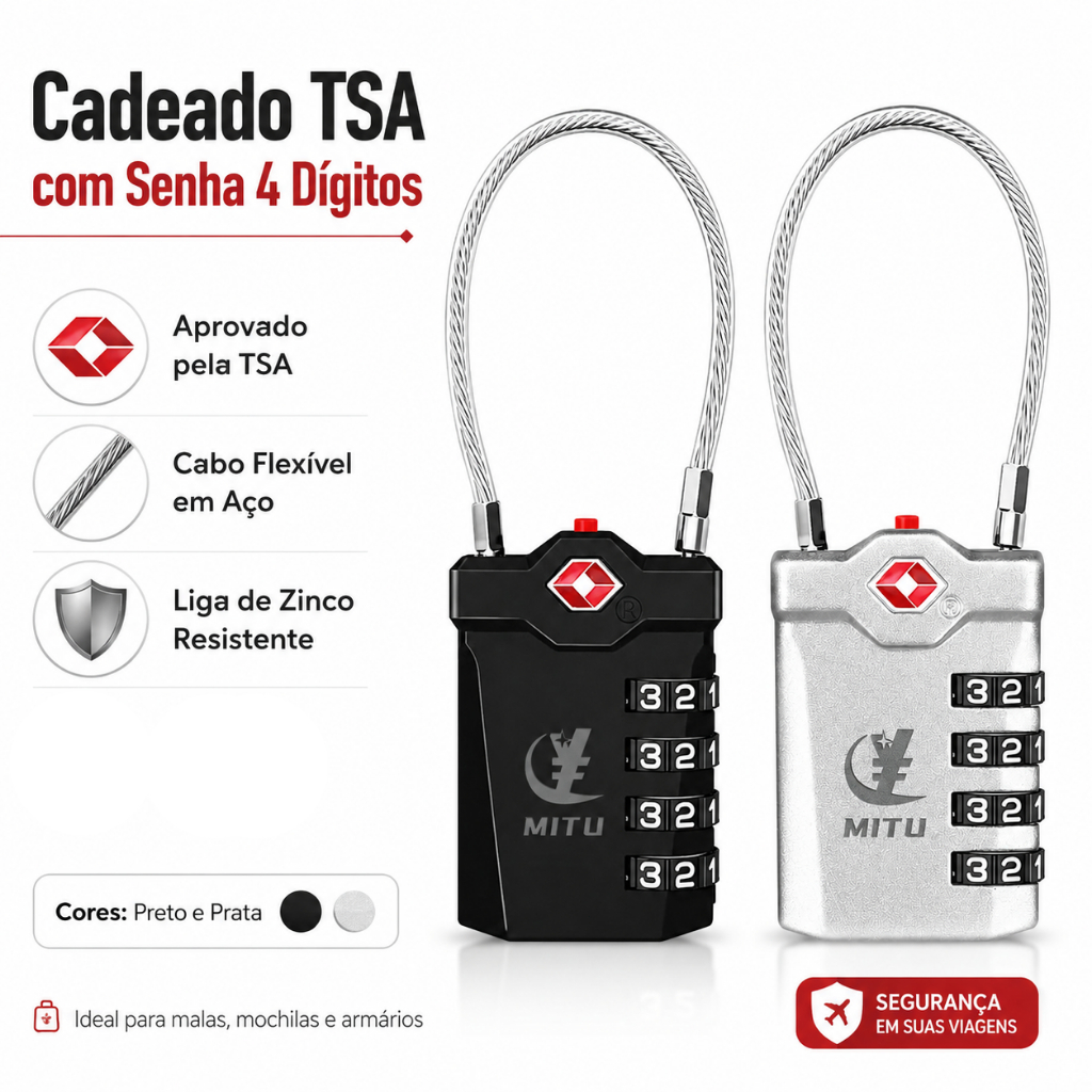 MITU Cadeado TSA para Mala e Bagagem com Cabo de Aço Flexível e Senha 4 Dígitos
