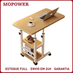 Mesa Multiuso com 3 Prateleiras — Altura Regulável, Rodinhas, Cantos Seguros, Ideal para Notebook, Tablet, Livros e Plan