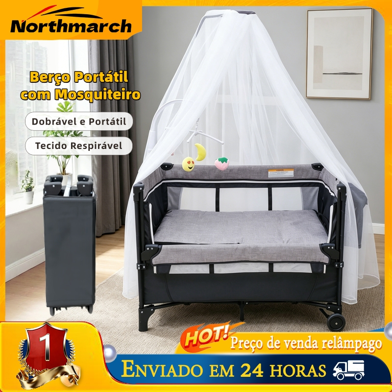 Berço Balanço Colado para Bebê Berço Cama de Brincar Dobrável com Rodas e Mosquiteiro para Bebês