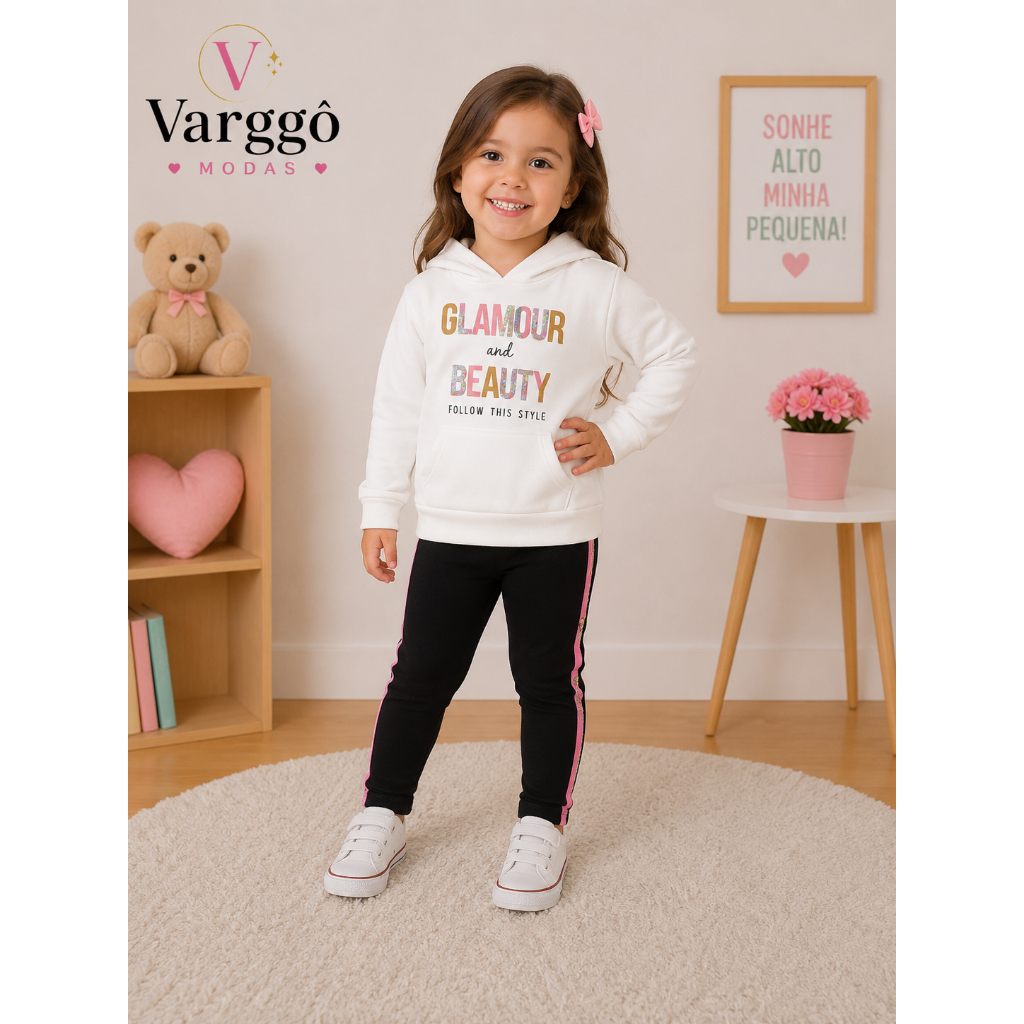 Conjunto Infantil Feminino Rovitex Moletom Glamour com Capuz e Legging