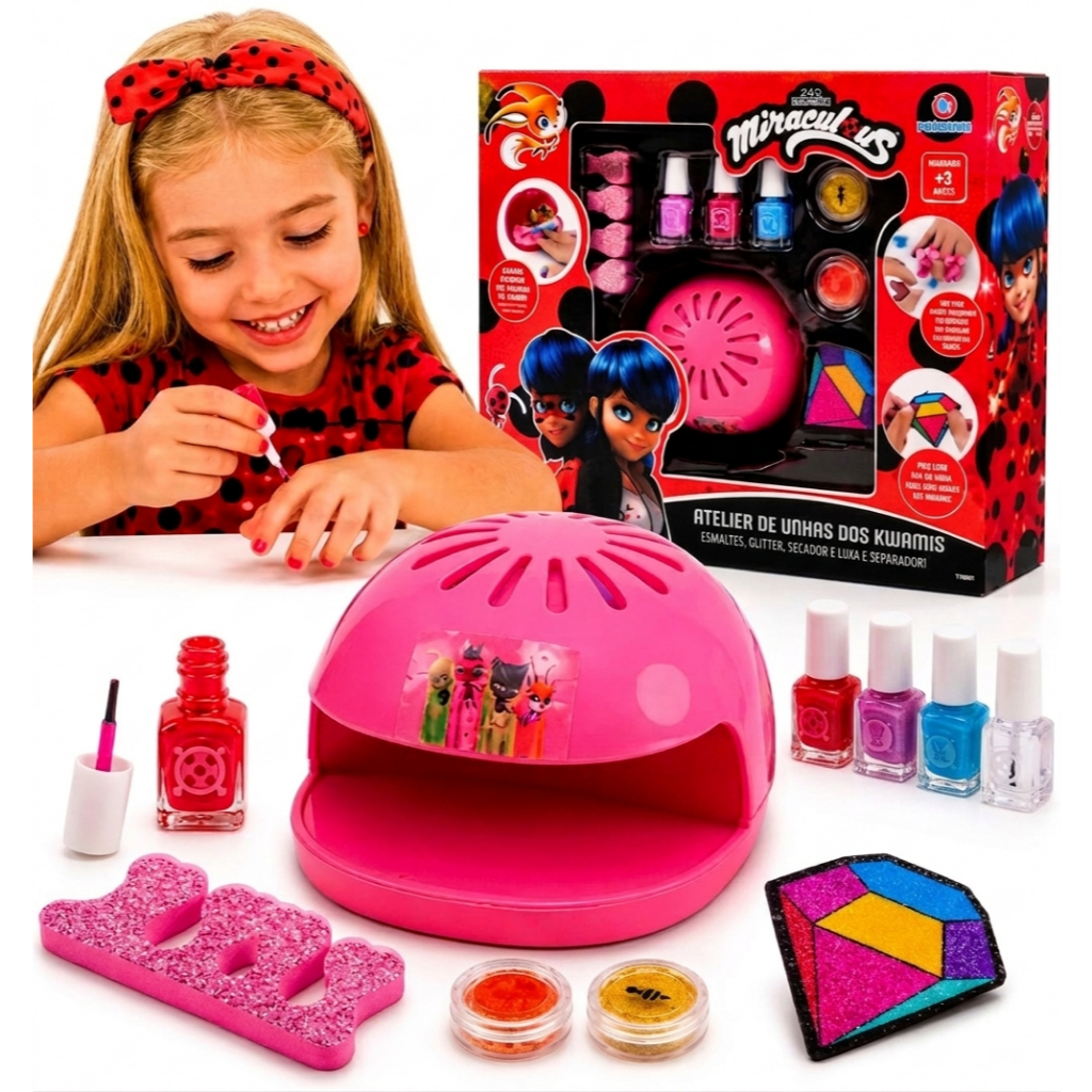 Kit Manicure Infantil Ladybug Miraculous | Kit de Esmaltes Cabine Secadora para Crianças Presente Menina